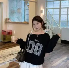 オフショルダー ブラック トレーナー 08 SHEINトップス