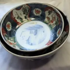 最終処分特価 古伊万里色絵中鉢五個セット裏も表も贅沢な絵付け 底裏に