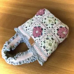 モチーフ編み　くるくるフラワー　ベビーピンクxグレー　コンパクトトートバッグ