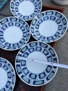 青と緑の幾何学模様の皿 5枚セット