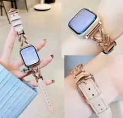 【新品】お洒落Apple Watchレザーバンド　ベージュゴールド チェーン