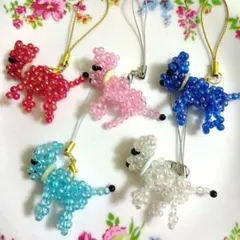 ハンドメイド　ビーズ　イヌ　ワンちゃん　ストラップ　まとめ売り　５個セット