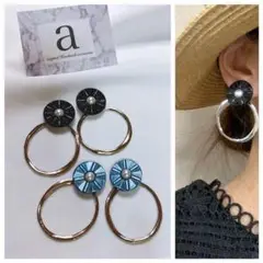 2257-4 2way☺︎ブラックとパールのシェル風ピアス×シルバーフープ☺︎
