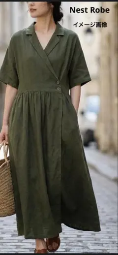 ★お洒落！Nest Robeリネンオリーブグリーンシャツワンピース