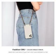 iPhoneケース　iPhone13mini他　ショルダー　茶紐付　ホワイト　白