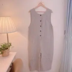 試着のみ studio CLIPのコットンリネン2 WAYサロペットストライプ柄