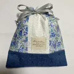 花柄巾着袋 青と白のコンビ