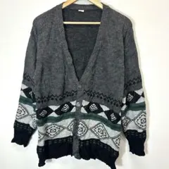 レトロ 総柄 ニット カーディガン グレー 幾何学 ゆるだぼ 古着 羽織