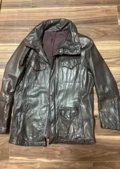 ダークブラウン レザー ロングジャケット　日本製　収納式レザーフード付き