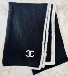 CHANEL 黒色カシミヤ100%マフラー ホワイトストライプ