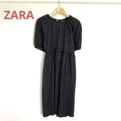 ZARA パフスリーブ ロングワンピース ブラック 総柄 半袖