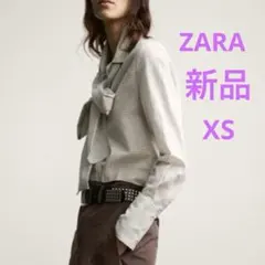 【新品】ZARAリボン付き長袖シャツ　チェック柄タイブラウス　白　xs