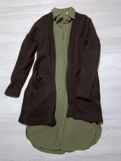 シャツワンピース　長袖　グリーン