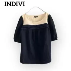 美品◆インディヴィ タック バイカラー配色切替ブラウス 半袖トップス S 日本製