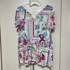 LEONARD スポーツ Tシャツ 44 刺繍花柄 極美品】LEONARD 半袖 Tシャツ トップス 刺繍 花 花柄 黒 M