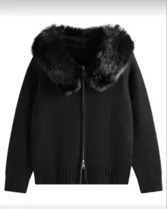 SHEIN ファー付きフード付きセータージャケット ダブルジップ