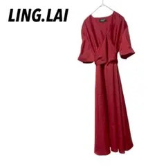 【LING.LAI】ロングフレアワンピース　半袖　Vネック　ウエストリボン