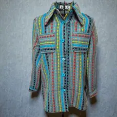 レトロ　マルチカラー　ストライプ　レディース　長袖ブラウス　総柄　アクティブ