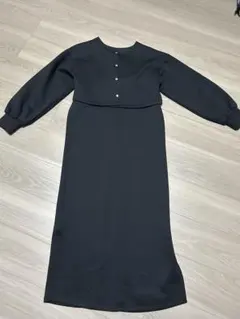 【ポンチ素材】黒☆Vワンピースカーディガンセット