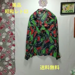 美品　花柄　長袖シャツ　赤　 昭和レトロ　P2604132