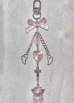 ビーズキーホルダー y2k 韓国 ピンク シルバー 羽 ハート クマ 1点