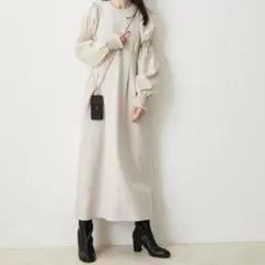 【ヴィス】ロングワンピース　バルーン袖　Aライン　袖シャーリング　ベージュ　F