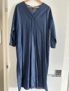 デニム ダークブルー 長袖ロングワンピース