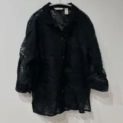 ヴィンテージ 花柄 総レース シアーシャツ 黒 ブラウス 透け感 【XL】レトロ