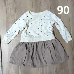 ドット柄切り替えワンピース　裏毛トレーナー