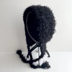 ふわもこボンネット バラクラバ 黒 ブラック フード帽 ハンドメイド 編み物