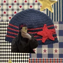 星　ビーニー　クラッシャーハット　クロシェハット　ハンドメイド　編み物　ネイビー