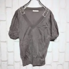 良品★mader Acca カットソー 半袖 Vネック 飾り襟 ブラウン F