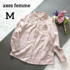 アクシーズファム　長袖シャツ　M　薄ピンク　フリル　レース　パール　6883のサムネイル