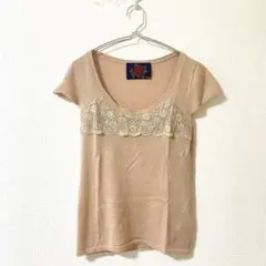 ☆【ミナ】セーター 毛混 胸元レース スパンコール オーバルネック 半袖 S相当