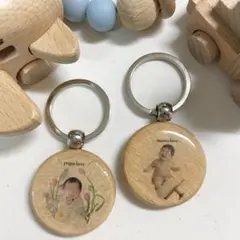 【写真入れ・名入れ】両面加工 天然木 写真入りキーホルダー