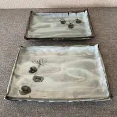 皿　角皿　陶器　2枚セット　和食器　額皿　灰釉　鉄絵　茶事　お茶会　陶芸　手作り