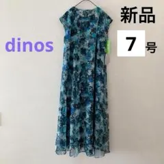 新品 タグ付き ディノス 花柄 ワンピース 7号 S ブルー シフォン 秋 総柄
