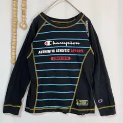 champion ロンT レトロ ロゴ ボーダー 150 黒 水色.2337