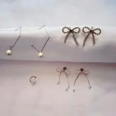 パール　リボンデザイン　ピアス　イヤカフ　セット　4点　まとめ売り
