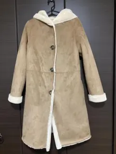 ベージュ スエード風 フード付きロングコート
