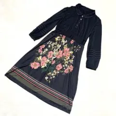 【希少品】レトロ 花柄 ドッキングワンピース L ヴィンテージ風 ストレッチ