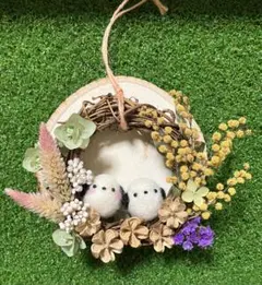 シマエナガちゃんのリース☆羊毛フェルト☆ハンドメイド☆ミモザのサムネイル