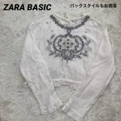 ZARA BASIC 長袖　カットソーL 白　ベージュ　刺繍 ガーゼ ブラウス