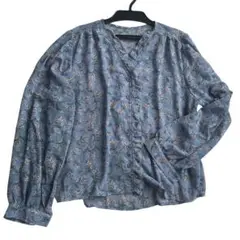 【美品】花柄長袖シャツ 青色　シースルー