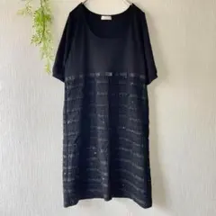 大きいサイズ　半袖ワンピース　リボン　レース　ブラック　ゆったり