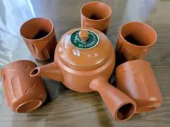 未使用】常滑焼 朱泥 茶器セット 急須 ＆ 湯呑み5客 竹彫 伝統工芸品