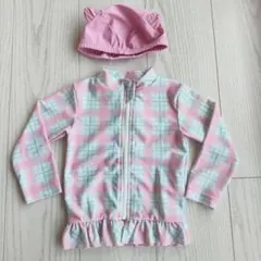 フリル付きラッシュガード　帽子 サイズ80 ピンクチェック