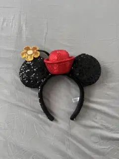 ミニーマウス カチューシャ 赤い帽子 花付き