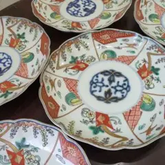 骨董 古伊万里 七寸皿 色絵 輪花 アンティーク 中皿 陶器 ５枚〜 骨董 古伊万里 七寸皿 色絵 輪花 アンティーク 中皿 陶器 5枚〜