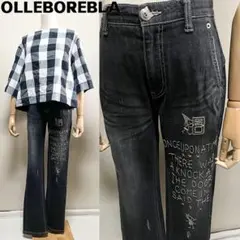 OLLEBOREBLA アルベロベロ 刺繍 ブラック ストレッチデニムパンツ